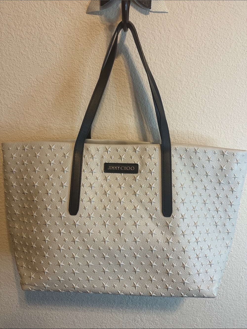 Jimmy Choo Pimlico Star-Embossed Tote with Black Straps